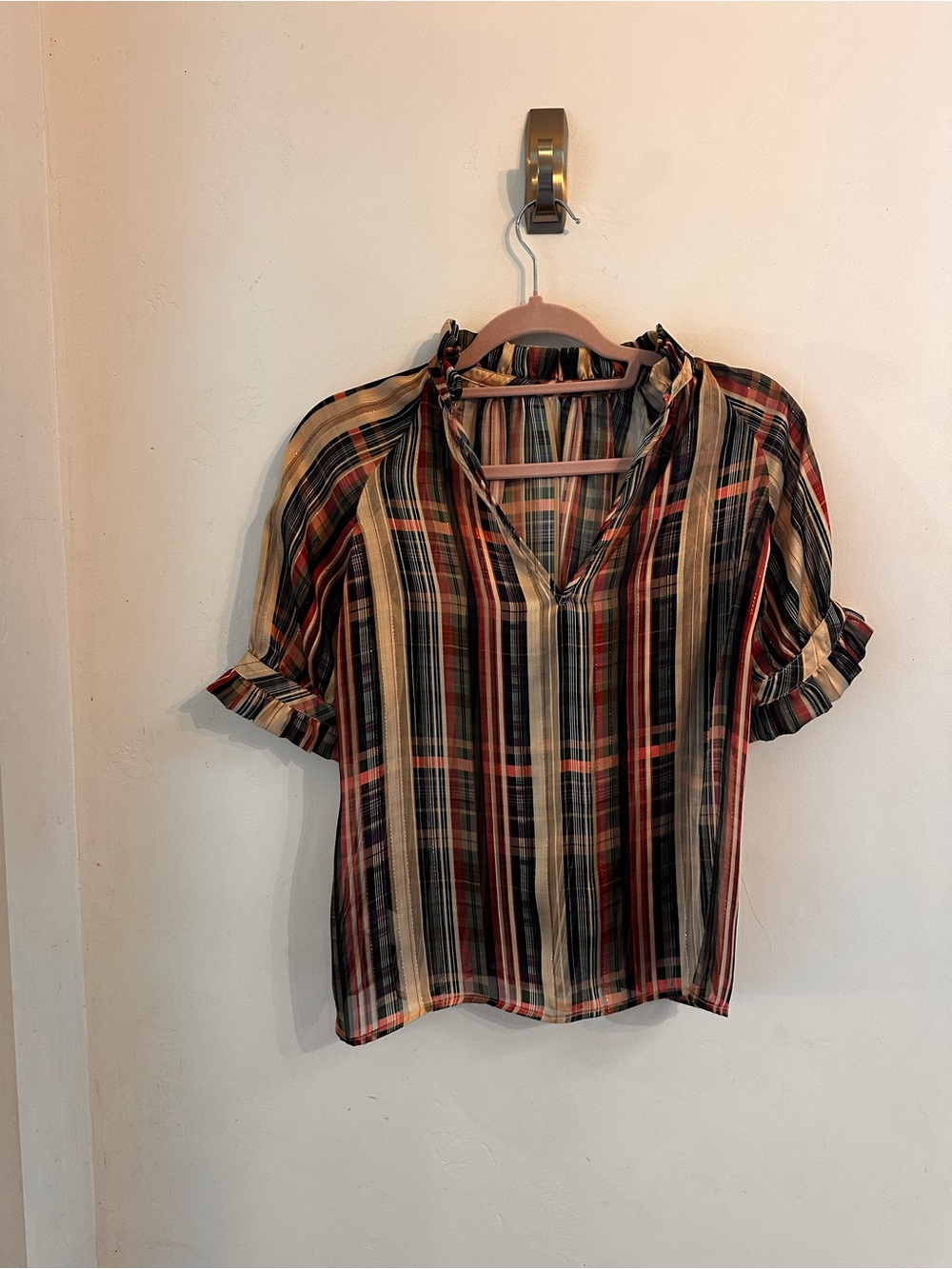 Corey Lynn Calter Pink, Navy & Cream Plaid Split-Neck Ruffle Sleeve Blouse